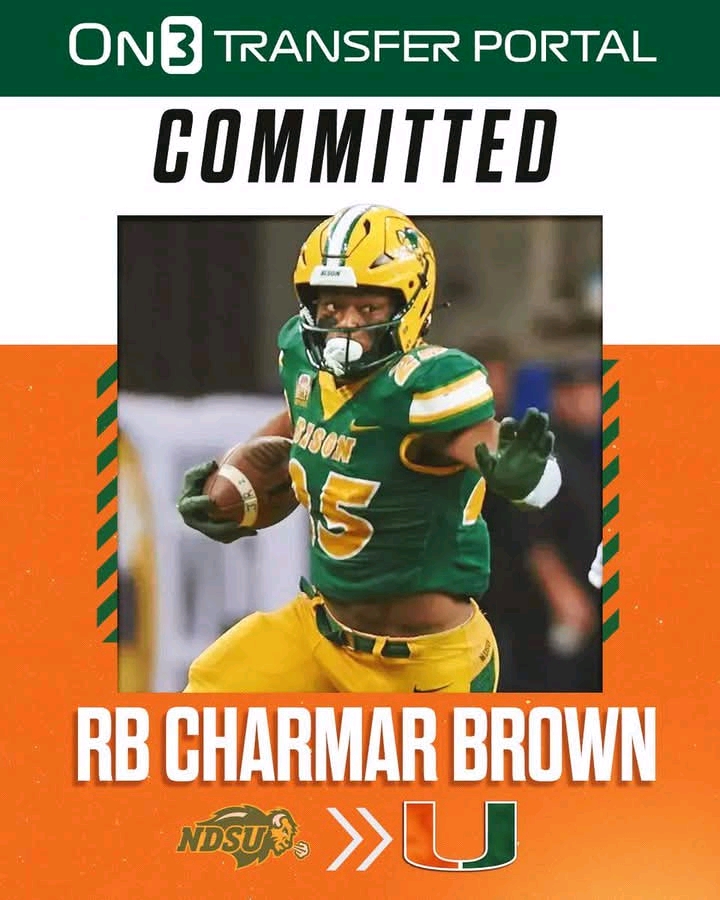 Breaking News: RB CharMar Brown flipped his commitment locked to Miami from NCAA Transfer Portal. Brown, listed at 5-11 and 218 pounds, adds another proven running back to the Hurricanes….