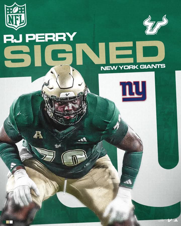 🏈 Giants’ New Addition: RJ Perry  The New York Giants have recently signed RJ Perry, a formidable 6’6″, 330-pound offensive lineman from the University of South Florida.